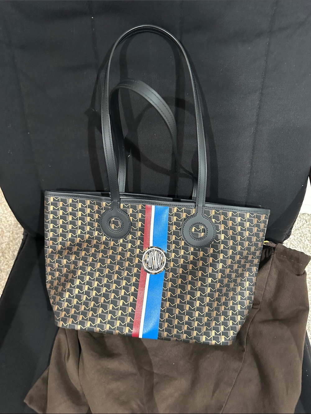 Designer-Inspired Brown Patterned Tote with Black Straps and Tricolor Stripe